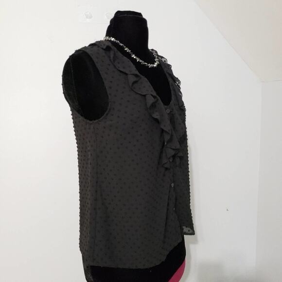 NEW Wishlist Black Sleeveless Plunging Ruffled Neckline Textured Swiss Dot Top - Picture 2 of 11